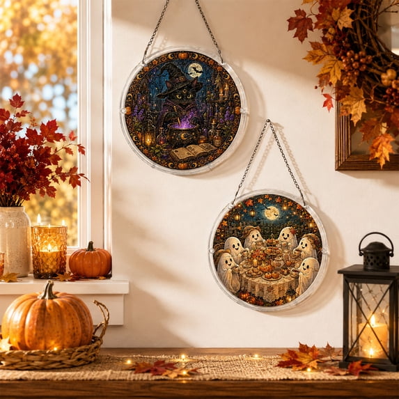 Halloween Acrylic Jigsaw Puzzle Suncatcher, Stained Glass Style Window Hanging Ornament, Halloween Decorations Indoor Cute Ghost Black Cat Art, Home Decor & Wall Decor for Halloween Party Ornament-A