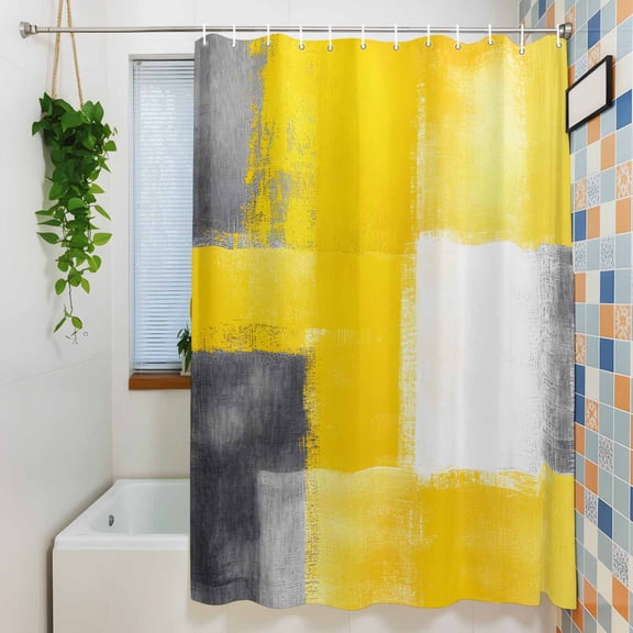 Shower Curtain, Vintage Yellow Black White Grey Waterproof Polyester Fabric Bath Curtain with Hooks for Bathroom Bathtub Stalls, Abstract Texture 72x72IN