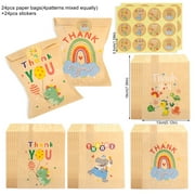 24Sets Thank You Kraft Paper Bags Cute Rainbow Dino Happy Birthday Gift Pouch Retro Flower Party Favor Bag Candy Cookie Supplies