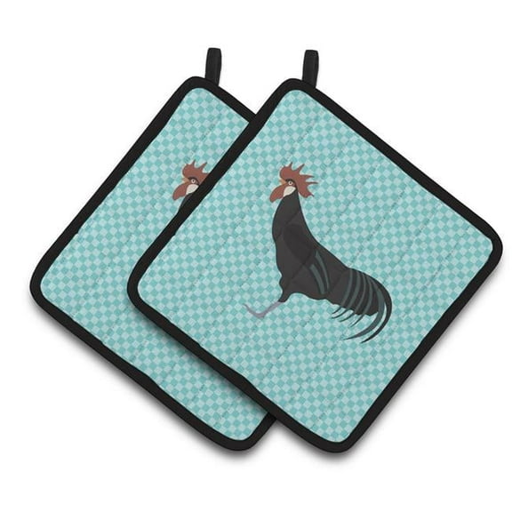 Minorca Ctalalan Chicken Blue Check Pair of Pot Holders - Blue