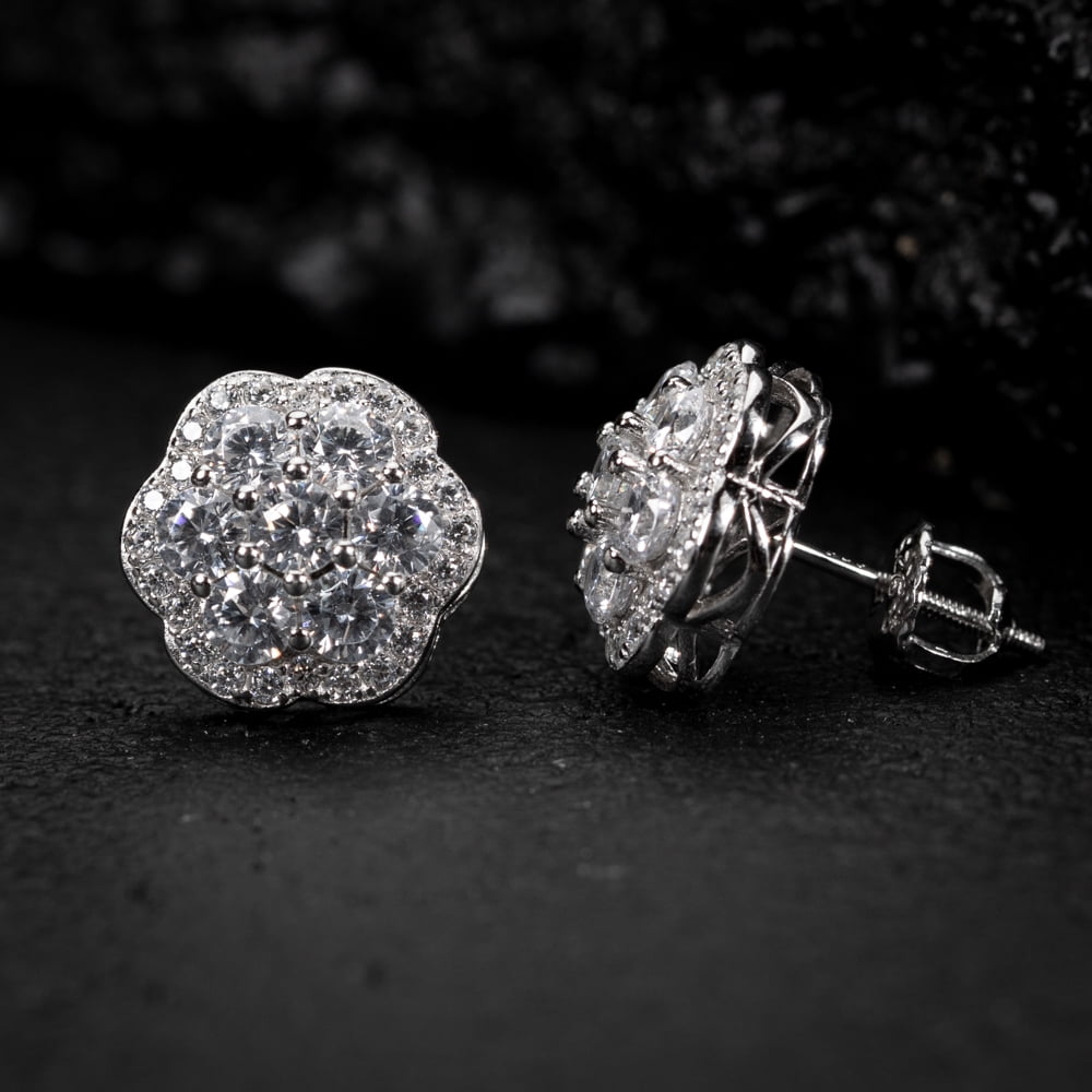 Large White Gold 925 Sterling Silver Flower Cluster Hip Hop Stud Screw Back Earrings