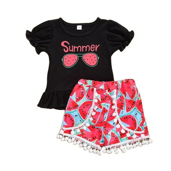 Futezty Girls Summer Outfits, 4th of July Baby Girl Outfits Toddler KIds Girl Clothes Soild Ribbed Ruffle Sleeve Top Floral Prints Bowknot Pants Shorts Headband 3PCs Outfit Set