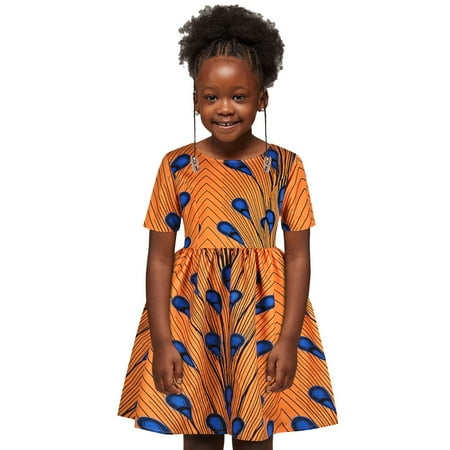 

Hunpta Kids Girls African Dashiki Traditional Style Short Sleeve Round Neck Dress Ankara Princess Dresses Outfits 1-6Y