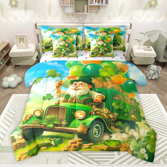Feelyou Kawaii Gnome Kids Bedding Comforter Set 7 Pieces, Western St. Patrick's Day Full Bedding Set, Green Shamrock Reversible Fitted Sheet Flat Sheet, Ultra Soft Bedroom Decor
