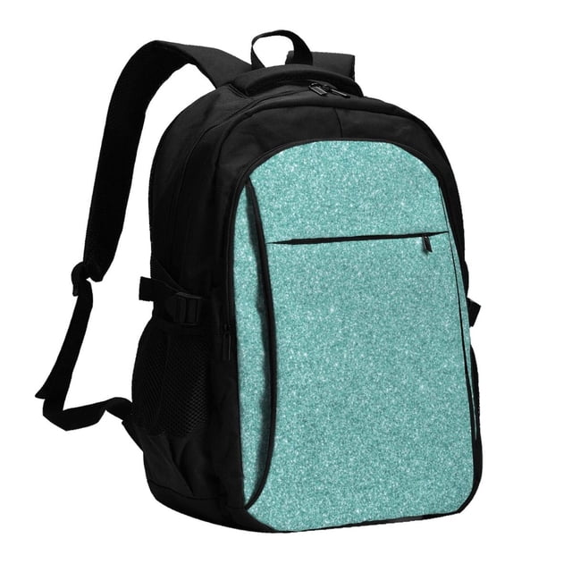 Easygdp Teal Green Glitter Mochila para Laptop de Viaje con Puerto USB, Mochila para Laptop con Puerto de Carga USB para Mujeres y Hombres