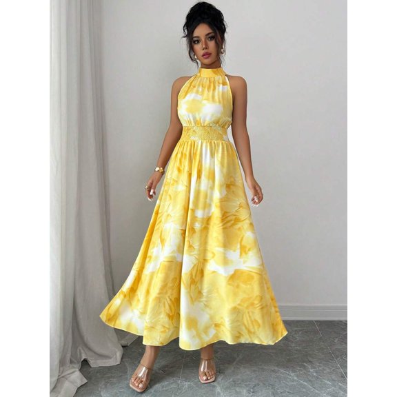 Yellow Watercolor Floral Print Halter Neck Smocked Waist A-Line Maxi Dress For Women