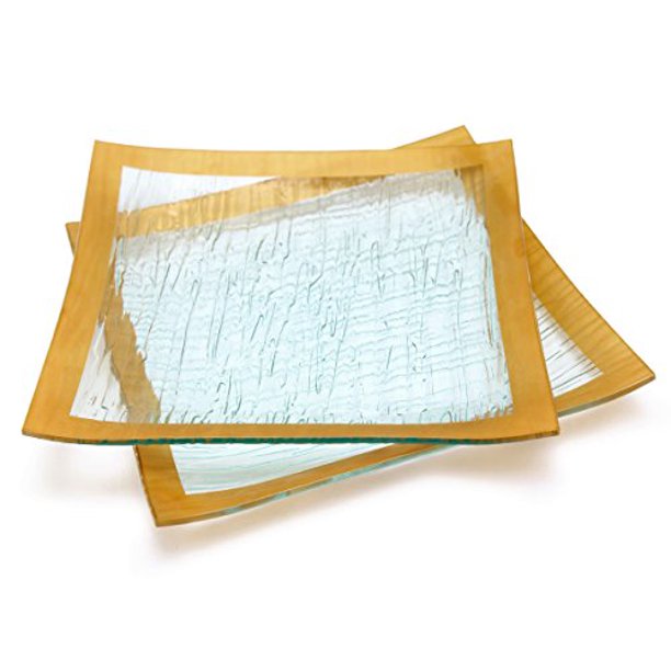 GAC Set of 2 Elegant Tempered Glass Dinner Plates Square Glass Platter