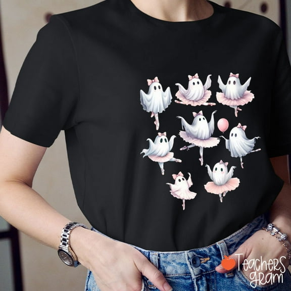 Elegant Ballet Dancing Ghost Halloween Teacher T-Shirt, Funny Halloween Teacher Shirt, Spooky Season Classroom Tee, Fall Shirt