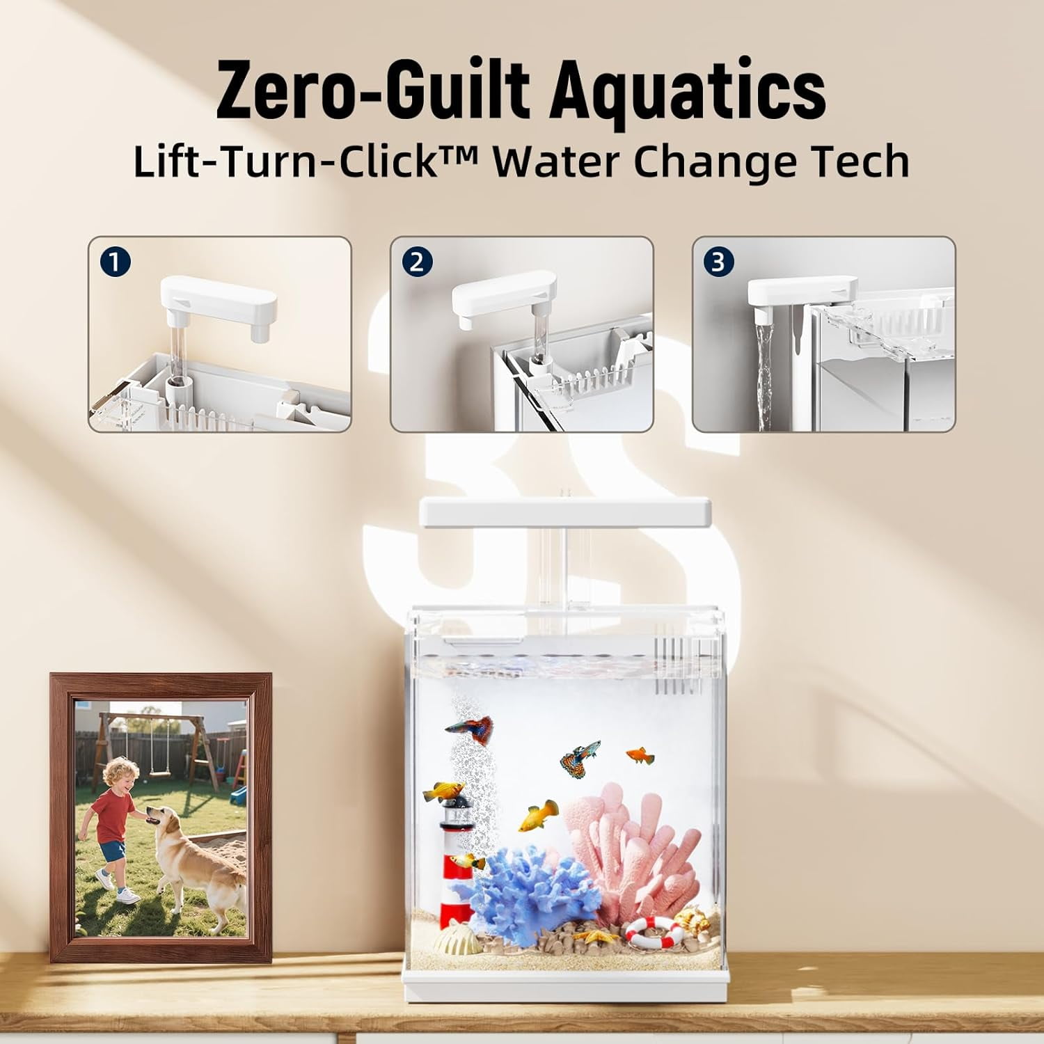 2-Gallon All-in-One Fish Tank – Silent Pump, 3-Stage Filtration & Easy Water Change, Perfect Self-Care Betta Aquarium Kit for Kids & Beginners