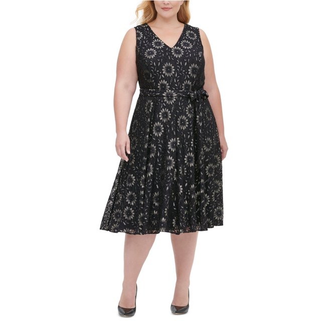 Tommy Hilfiger Vestido ajustado y acampanado de encaje floral metálico sin mangas para mujer negro 20W