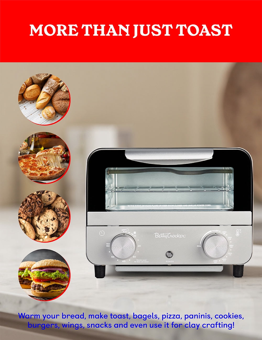 Betty Crocker Mini Toaster Oven, Compact Countertop Oven for Dorms, RVs, Apartments, 7-Liter Capacity, 750W, Adjustable Timer, Includes Baking Tray & Rack, BC-5629S, Gray/Black