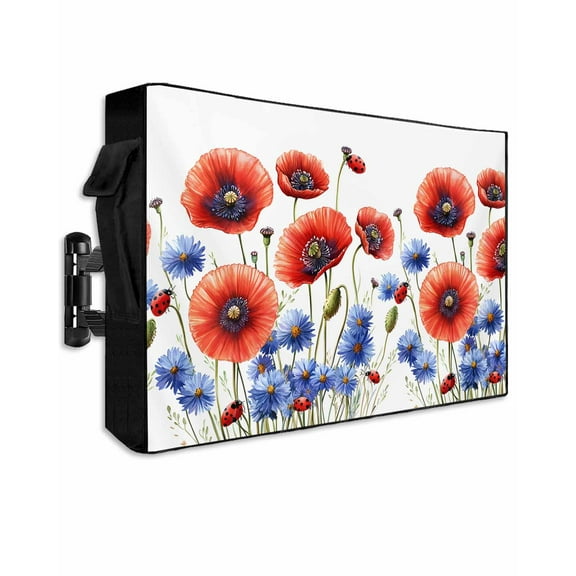 Independence Day Outdoor TV Cover 30 to 32 Inch Weatherproof, Vintage Flower Watercolor Red Blue 600D Oxford TV Covers with Waterproof Zipper, Outside Flat TV Screen Protector Size 30"Wx19"Hx4.5"D