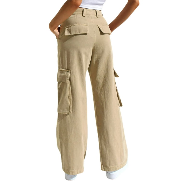 Beige Women's High Waisted Elastic Waist Cargo Pants Stretch Y2K