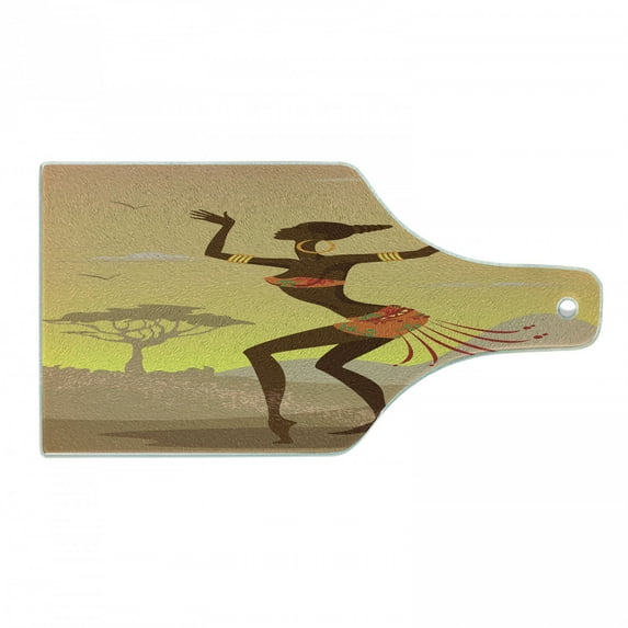 African Cutting Board, Lady in Dance Person in Psychedelic Style Artisan Image, Decorative Tempered Glass Cutting and Serving Board, Wine Bottle Shape, Brown Cocoa, by Ambesonne