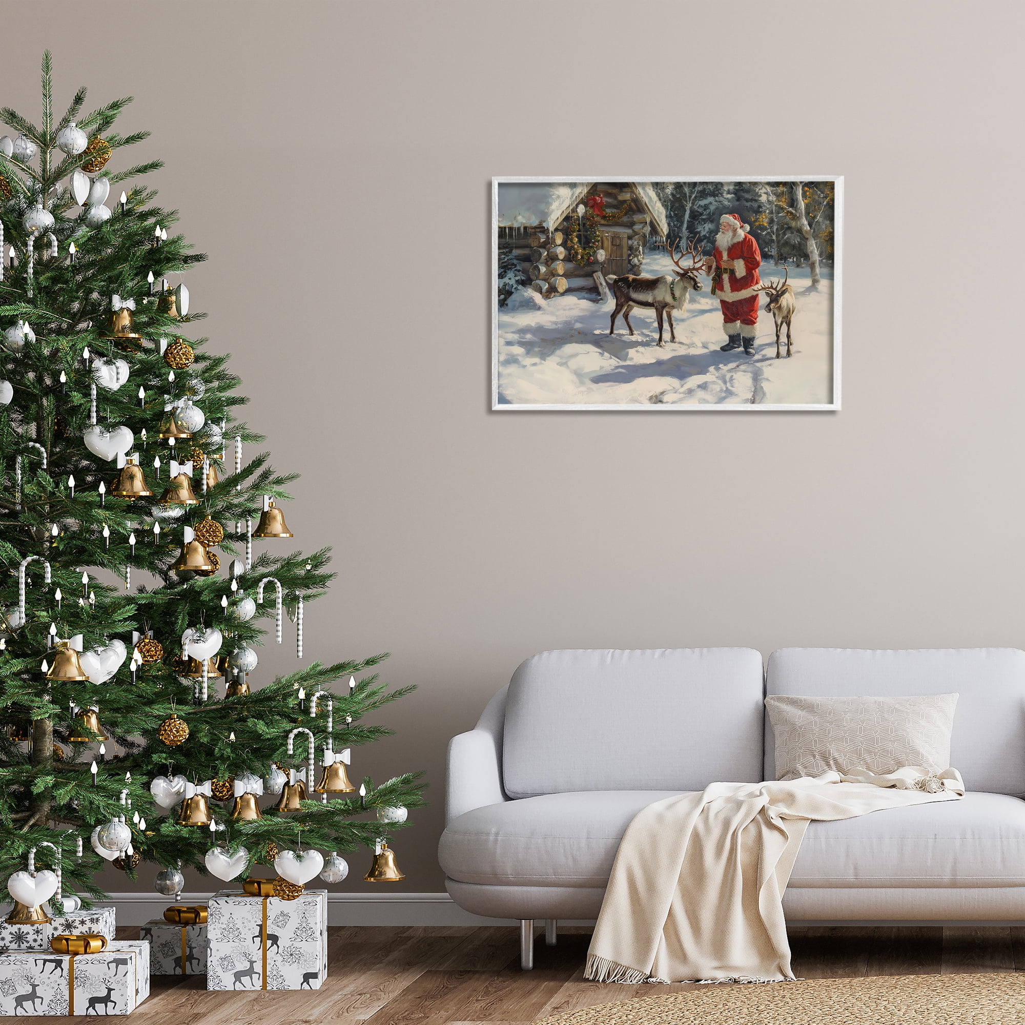 Stupell Industries Santa & Reindeer Scene Holiday Painting White Framed Art Prints Wall Art, 30 x 20