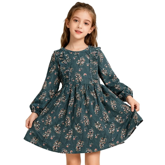 Trendfront Girls Dress Crew Neck Floral Print Long Sleeve Casual A-Line Sundress Soft Breathable Everyday Outfit Age 2-7Y