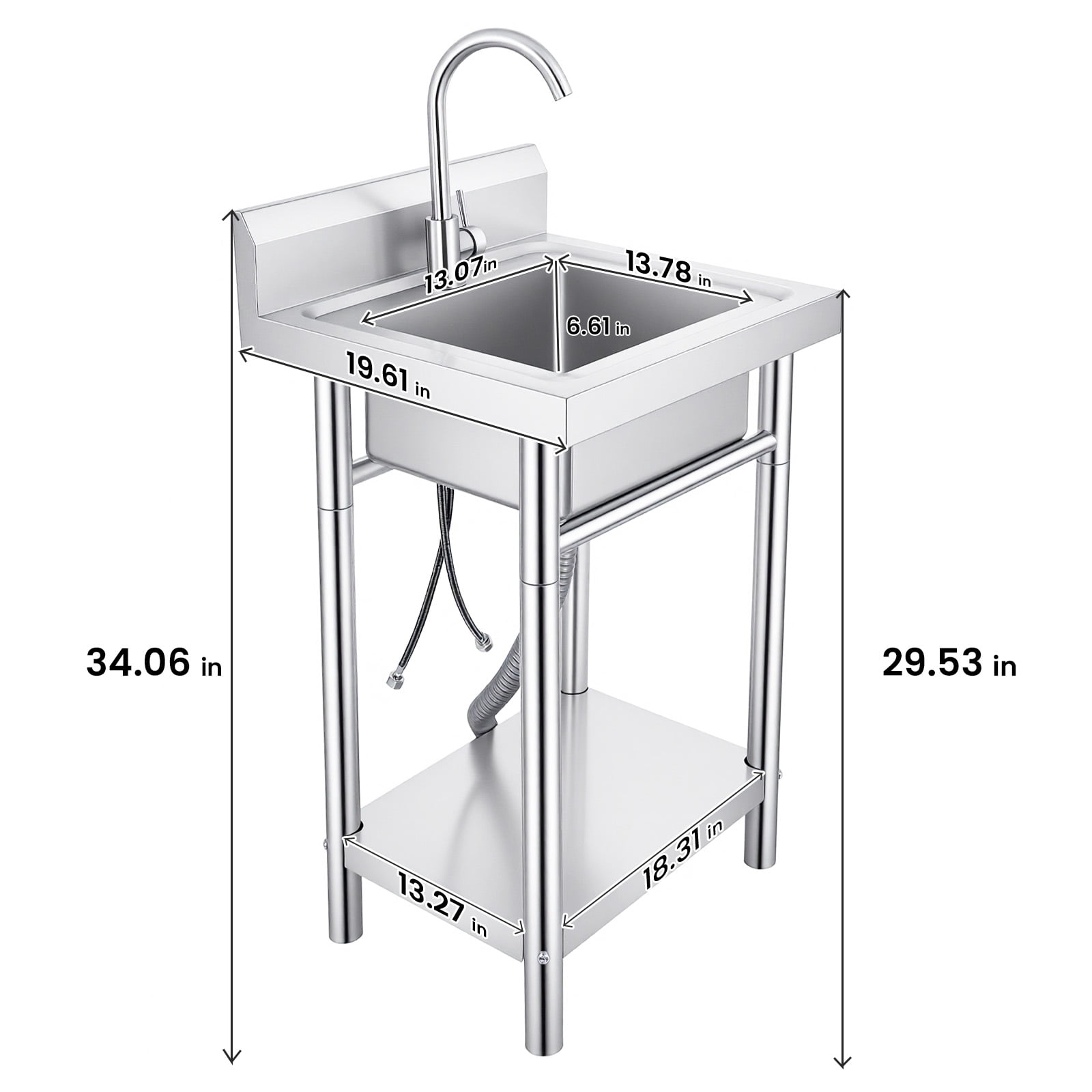 Stainless Steel Silver Freestanding Laundry Sink, Single Bowl Utility Sink with Drain Strainer & Shelf, 360° Rotation Faucet for Indoor Outdoor Use