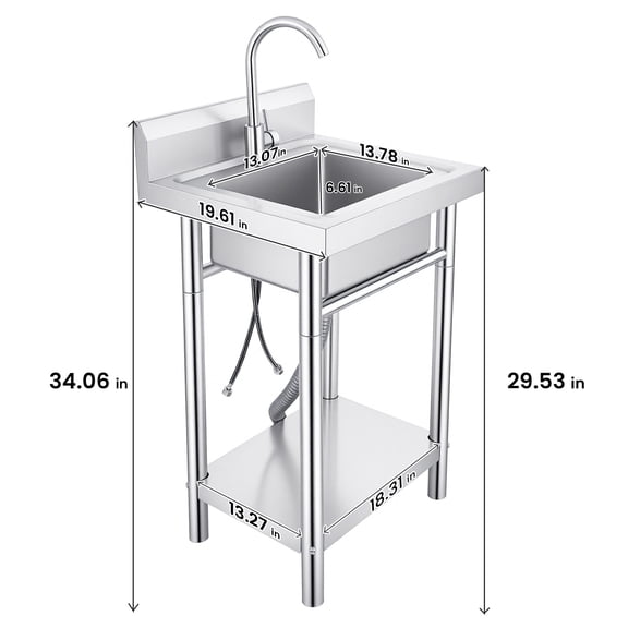 Muweixin Freestanding Stainless Steel Utility Sink with Shelf, Hot/Cold Water Faucet, Heavy-Duty Single Bowl Sink for Home Kitchen, Backyard