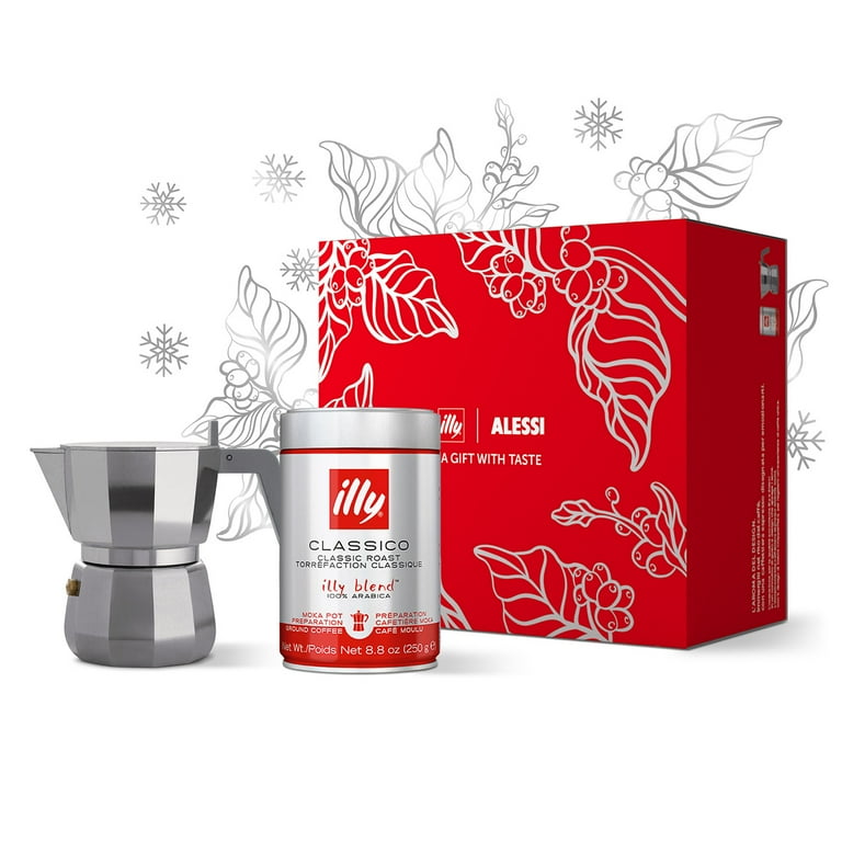 illy Alessi Cafe 3-Cup Moka Pot Ground Coffee Gift Set