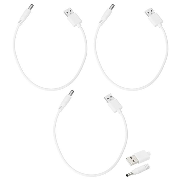 3pcs USB to DC Power Cable 3A 5V DC Power Cord 5.5mm x 2.5mm Jack Charging Plug Connector Cable Adapter for Fan Camera(1ft, White)