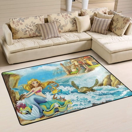 Wellsay Cartoon Mermaid Fairy Tale Sea Turtle Area Rug 2x3 Soft Rugs Indoor Comfort Floor Carpet, Nursery Rugs Non-Slip Rectangle Mat for Living Room Entryway Bedroom Dormitory