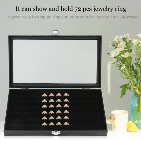 Fantastic 72 Slot Jewelry Ring Display Case Organizer Jewelry Storage Box Tray Holder With Glass Top Cover Black