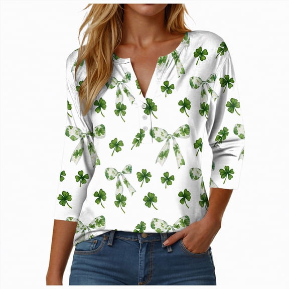 UngA St. Patrick's Day Shirts for Women 3/4 Sleeve Saint Patricks Day T-Shirt V Neck Lucky Irish Shamrock Graphic Tee Tops,Size L