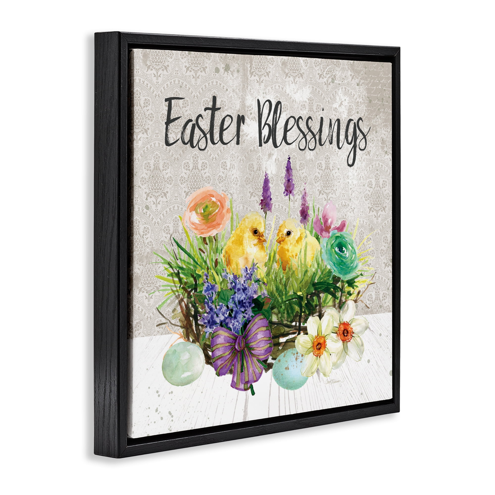 Stupell Industries Easter Blessings Basket of Flowers Black Framed Floater Canvas Wall Art, design by Carol Robinson