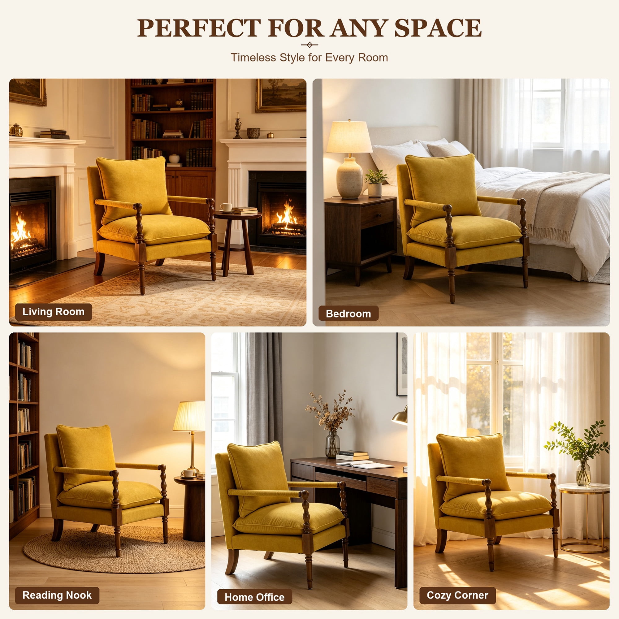 Mid-Century Modern Spindle Armchair,Linen Accent Chair with Cushion & Wood Frame for Living Room Bedroom Office,Yellow