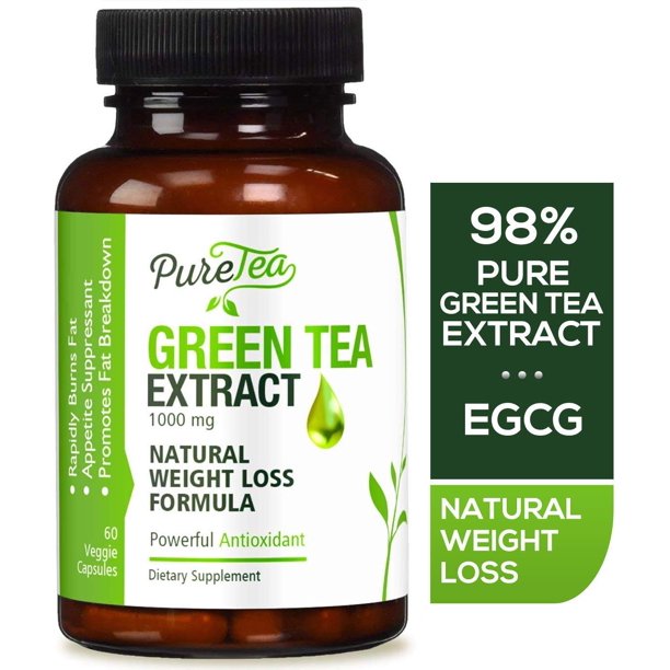 PureTea's Green Tea Extract Metabolism Booster w/EGCG for Weight Loss Vegetarian Capsules, 60 Ct