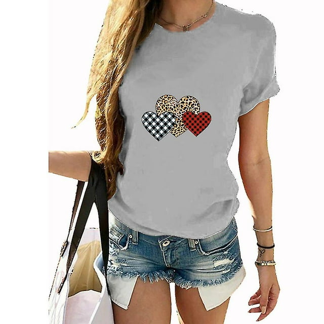 Women Plaid Heart Short Sleeve Tops-3