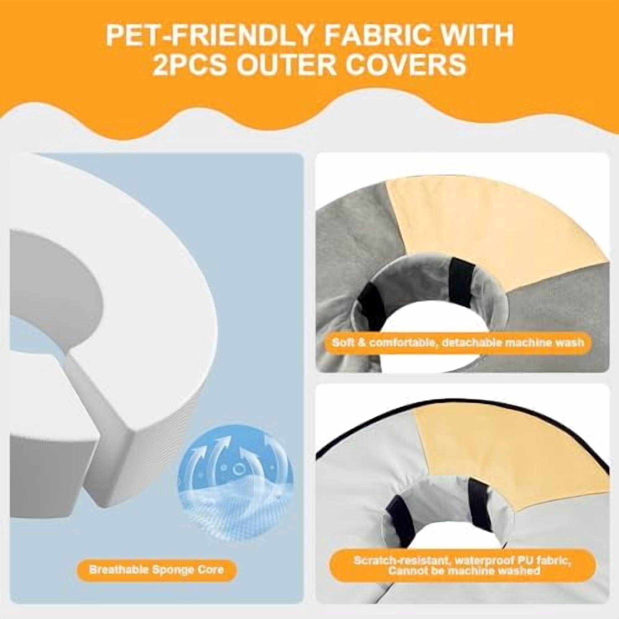 Sponge Core Dog Cat Cone Collar for After Surgery Recovery, Inflatable Dog Cone Alternative,  Dogs Donut Collar Adjustable with 2PCS Cover for Large Medium Small Dogs Cats (Grey+Yellow, L)