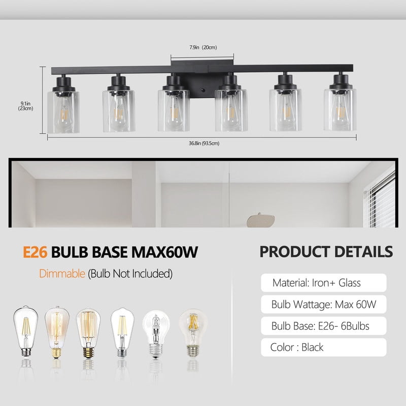 37" Modern 6-Light Bathroom Vanity Light Fixture - Black Finish with Clear Glass Shades, Perfect for Bathroom, Vanity, and Dressing Area Lighting (No Bulbs)