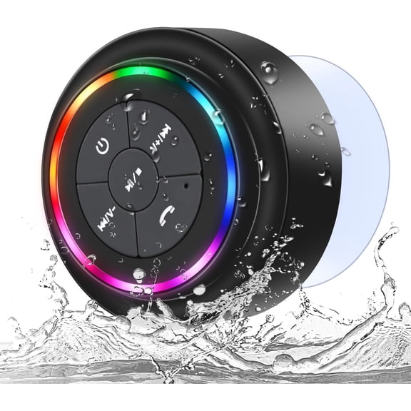 Bluetooth Shower Speaker, Portable Mini Speaker with Color Glowing LED, IP67 Waterproof and Floatable, Great as Speaker for Shower with Strong Mount