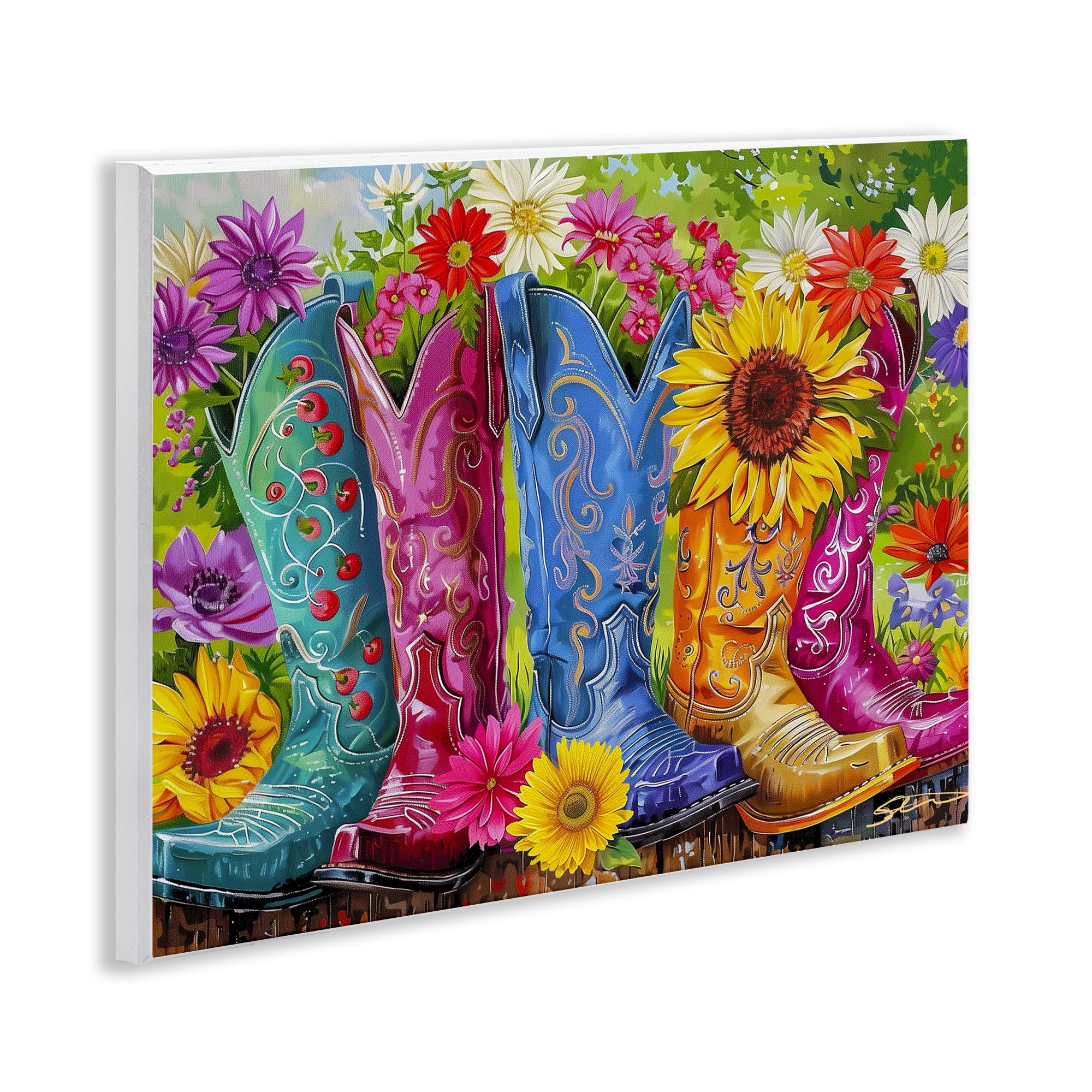 Cowboy Boots and Sunflowers Wall Plaque Art, design by Shawna Stewart