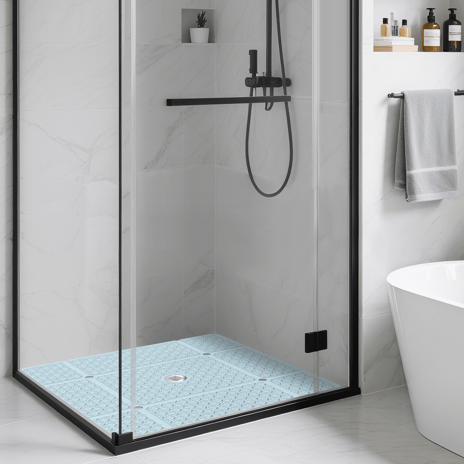 Yolife 27" x 27" Square Shower Mat, Non-Slip TPE Bath Mat with Drain Hole & Suction Cups, Machine Washable Soft Floor Mat for Tub or Stall,Light Blue