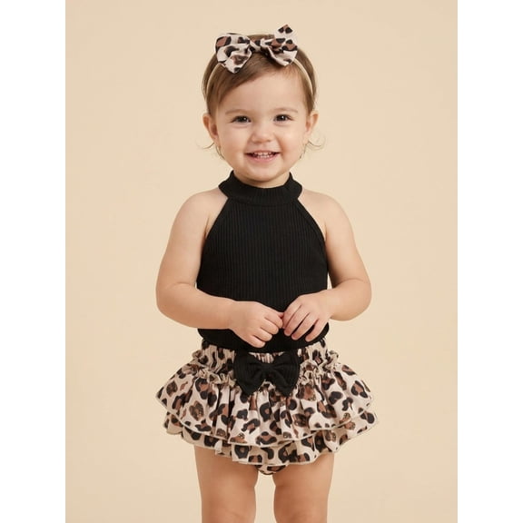 Baby Girl 3Pcs Summer Outfits, Sleeveless Halter Tops Ruffle Shorts Headband Set