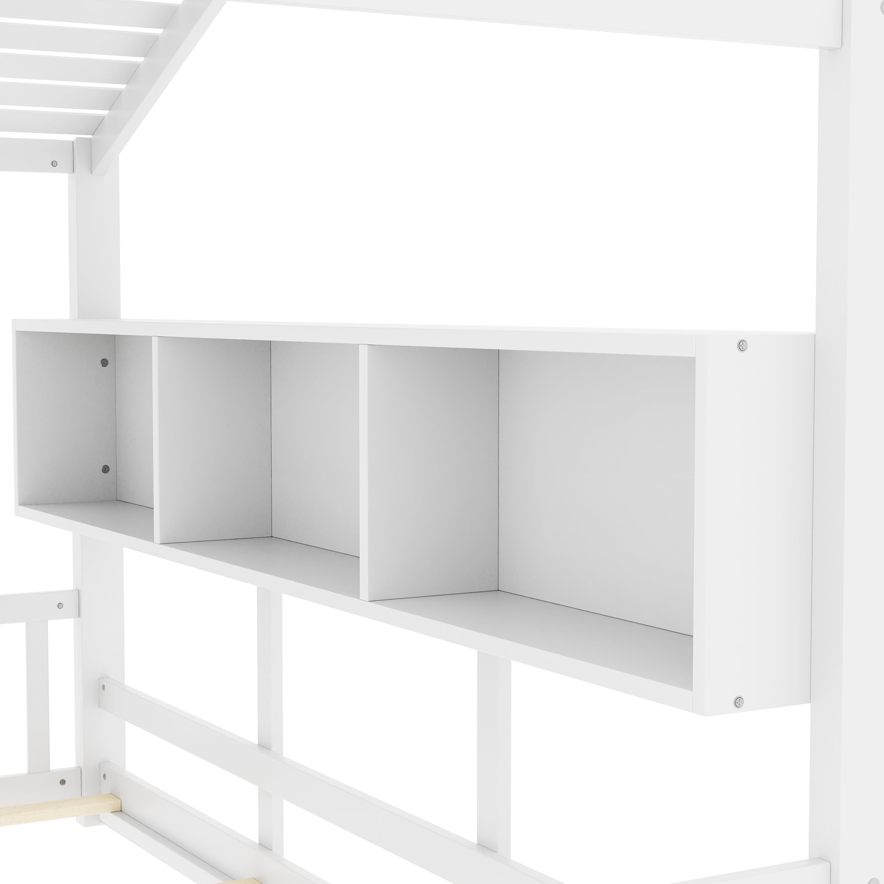 Euroco Wood Twin Size House Bed with Cabinets, Floor Bed with Roof Design and Storage Shelves, White