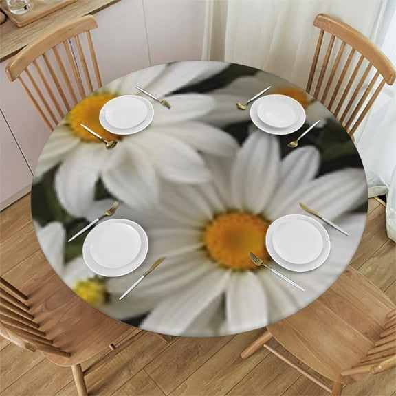 Fitted Tablecloth Round, White Elastic Edge Polyester Decorative Table Clothes