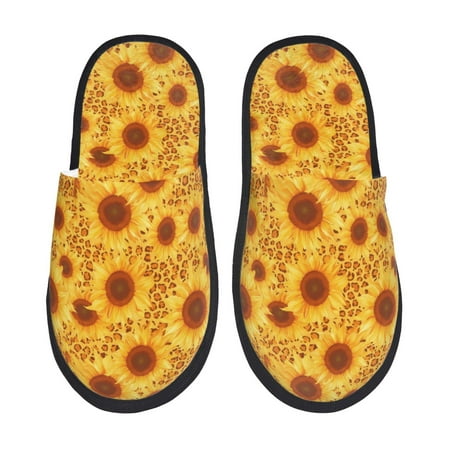 Balery Vintage Leopard Print Sunflower Slient Indoor Furry Fleece Comfort House Shoes Soft Non-Slip Home Shoes Cotton slippers House Slippers-- Large