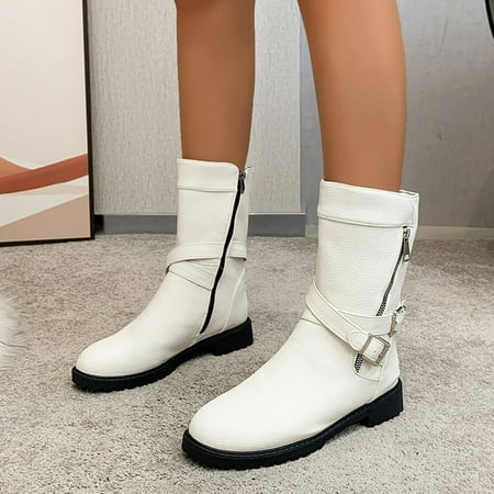 

dmqupv Women s Knee High Boots Wide Calf Ladies Fashion Solid Color Leather Wellies Rain Boots for Women Mid Calf White 7.5