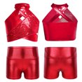 thumbnail image 3 of TiaoBug Kids Girls Cheerleading Outfits Shiny Sequin Sleeveless Crop Top and Metallic Shorts Set Dancewear Red 16, 3 of 6