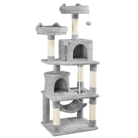 SMILE MART 62.2" Double Condo Cat Tree and Scratching Post Tower, Light Gray