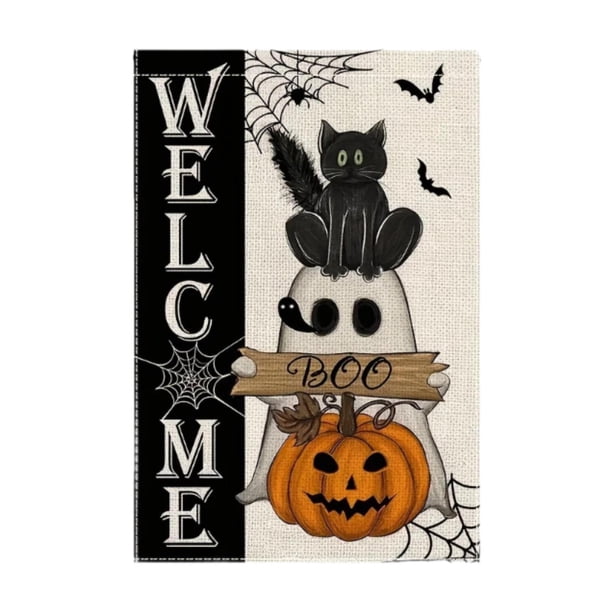 Bandera de jardín de Halloween, pancarta de doble cara, decoración de Halloween, bandera de lino para el hogar Gato negro