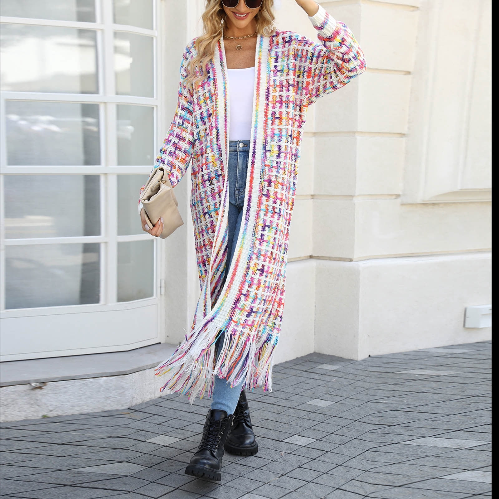 Cardigans Sweaters for Women Long Sleeve Open Front Tassels Oversized Knitted Coats Knee Length Checkered Color Block Soft Outerwear Sweater