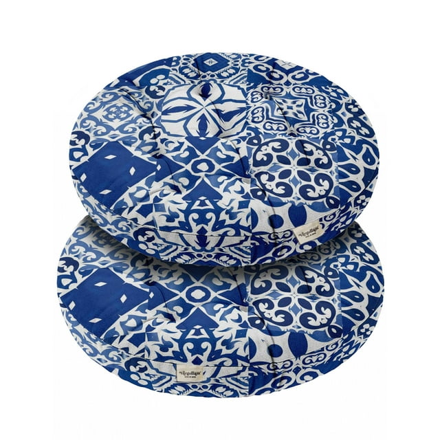 Vargottam Coussin de Sol - Pouf Rond en Coton de 22 Pouces avec Mousse à Mémoire de Forme, Coussin de Sol Capitonné pour Méditation et Décoration Intérieure - Patchwork Boho Bleu