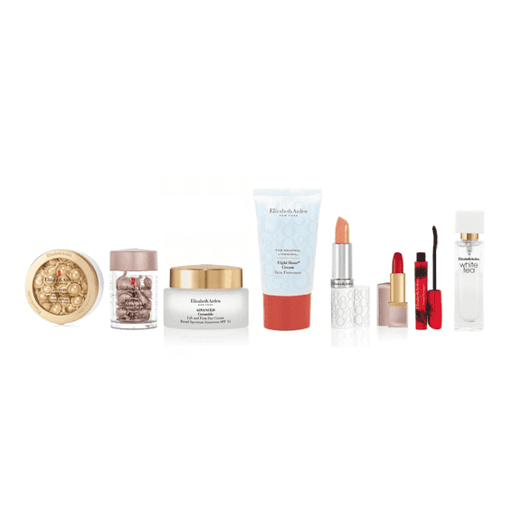 Elizabeth Arden 9‑Piece Skincare & Beauty Gift Set with Ceramide Capsules, Retinol Capsules, Creams, Lipstick, Mascara, White Tea EDT, and Handbag