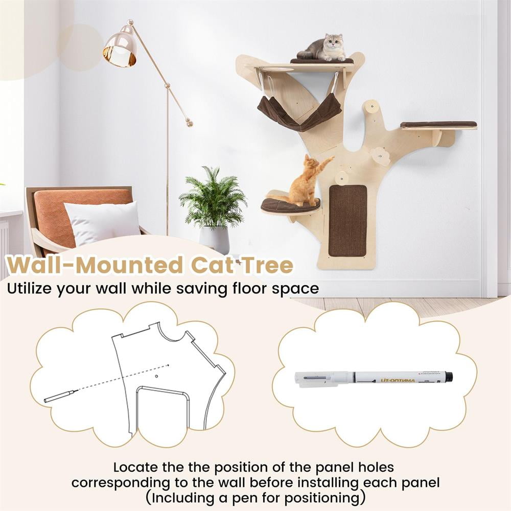 Topcobe Wall-Mounted Cat Tower w/Wall Shelves & Perch, Cat Condo, Cat Towers for Indoor Cats-Brown