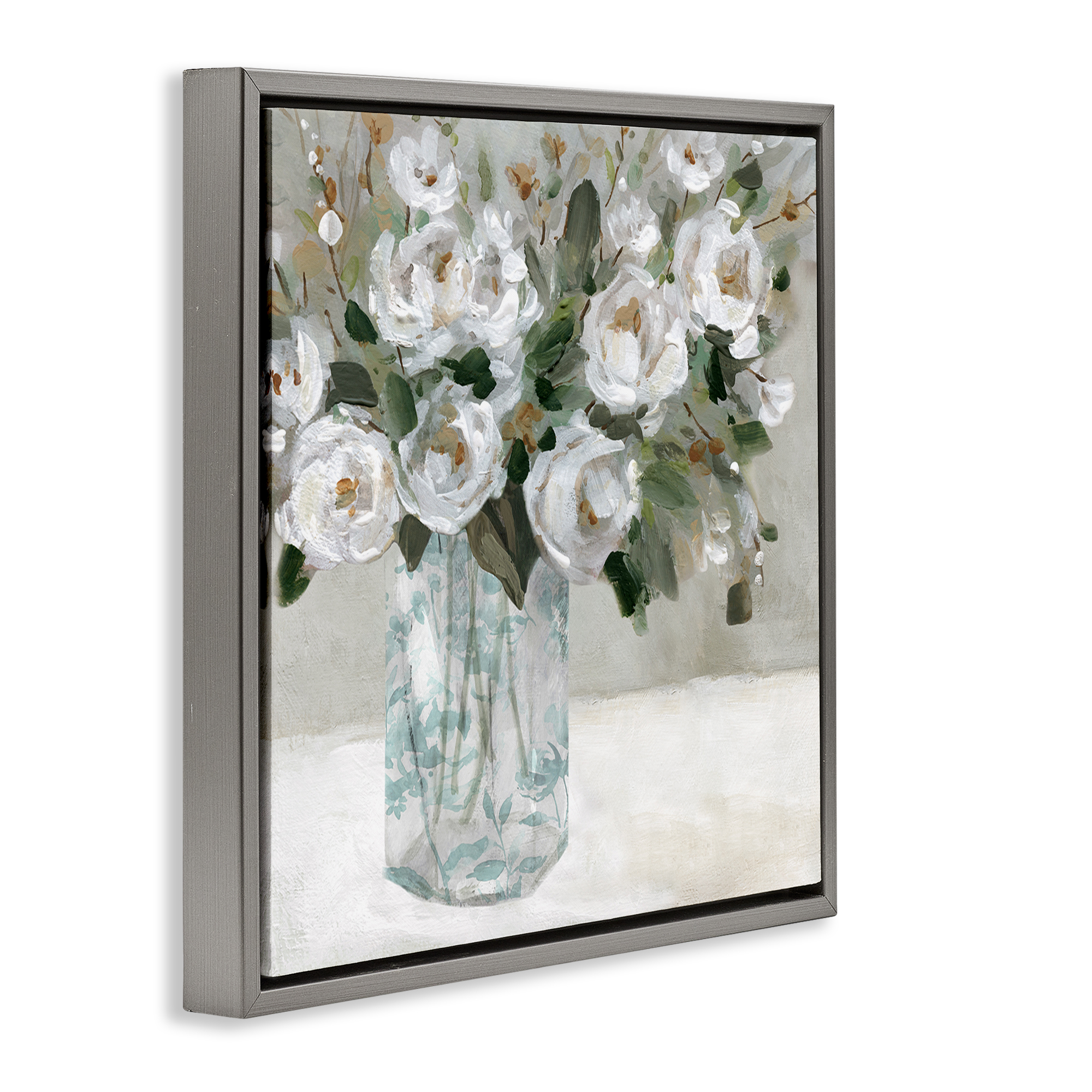 Stupell Industries Lovely White Roses Plants & Flowers Painting Gray Floater Framed Canvas Art Print Wall Art, 25 x 25