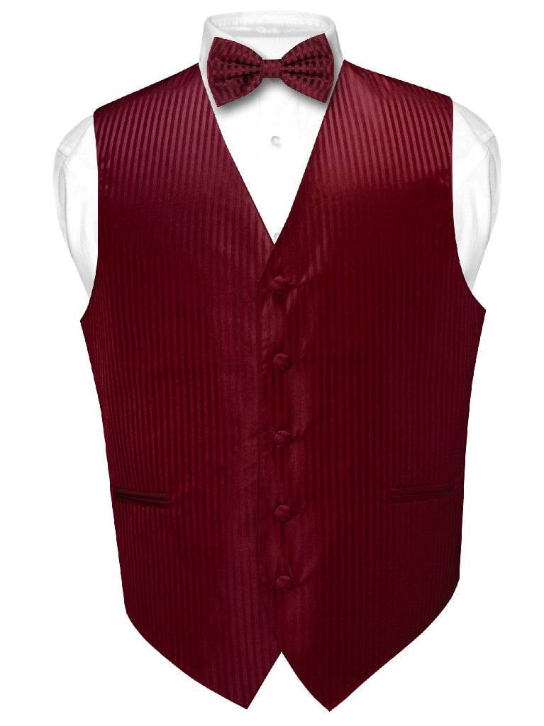 Mens Dress Vest /& BOWTie Burgundy Red Woven BOW Tie Horizontal Stripe Set